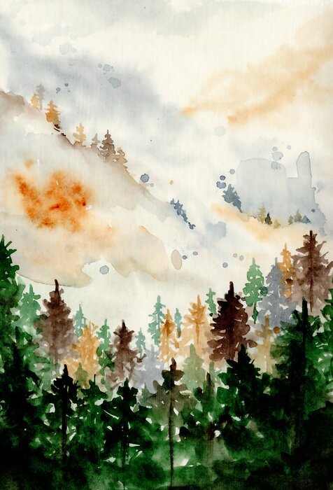 Poster Watercolor landscape with pine and fir trees and mountains abstract nature background