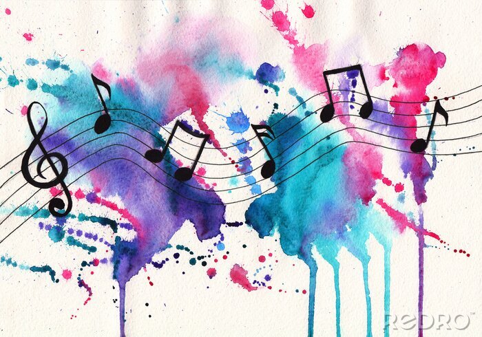 Poster Watercolor notities. Muziek symbolen op abstracte aquarel gestructureerde achtergrond