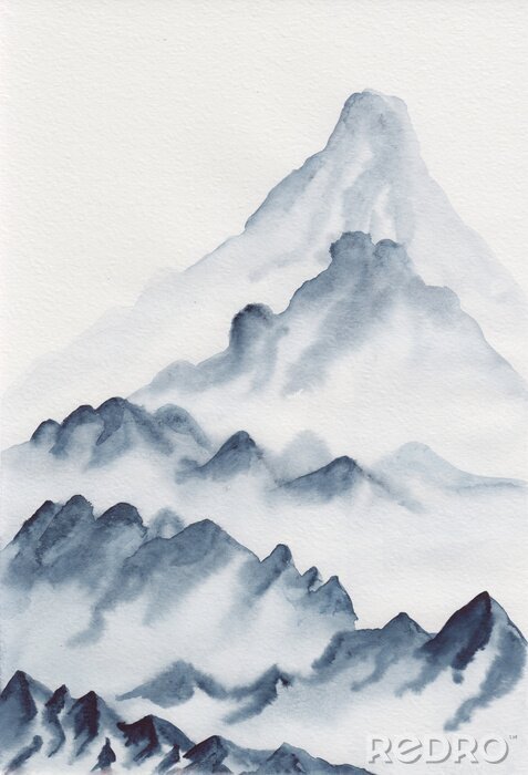 Poster Watercolor painting of asian mountains. Hand drawn oriental style landscape illustration with layers of rocks. Concept for decoration, relaxation, restore, meditation background.