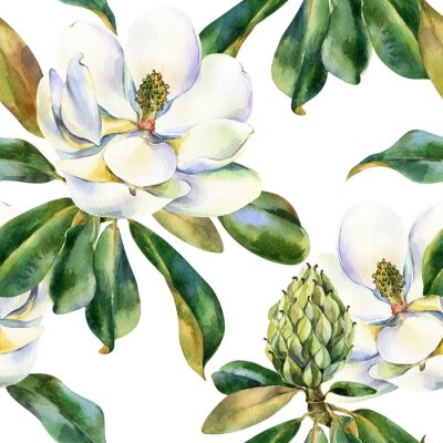 Behang Watercolor seamless pattern with white magnolia, green leaves, botanical painting isolated on a white background, floral painting, stock illustration.