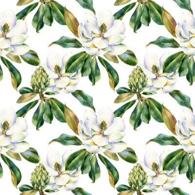 Behang Watercolor seamless pattern with white magnolia, green leaves, botanical painting isolated on a white background, floral painting, stock illustration. Fabric wallpaper print texture.