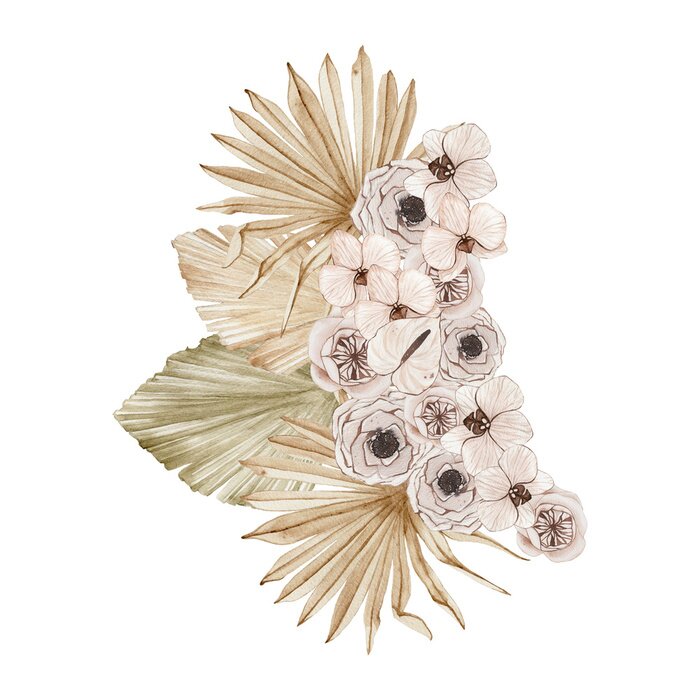 Poster Watercolor summer floral tropical bouquet with orchid rose flowers dried palm leaves isolated. Floral spring arrangement blossom boho wedding invitation save the date card illustration