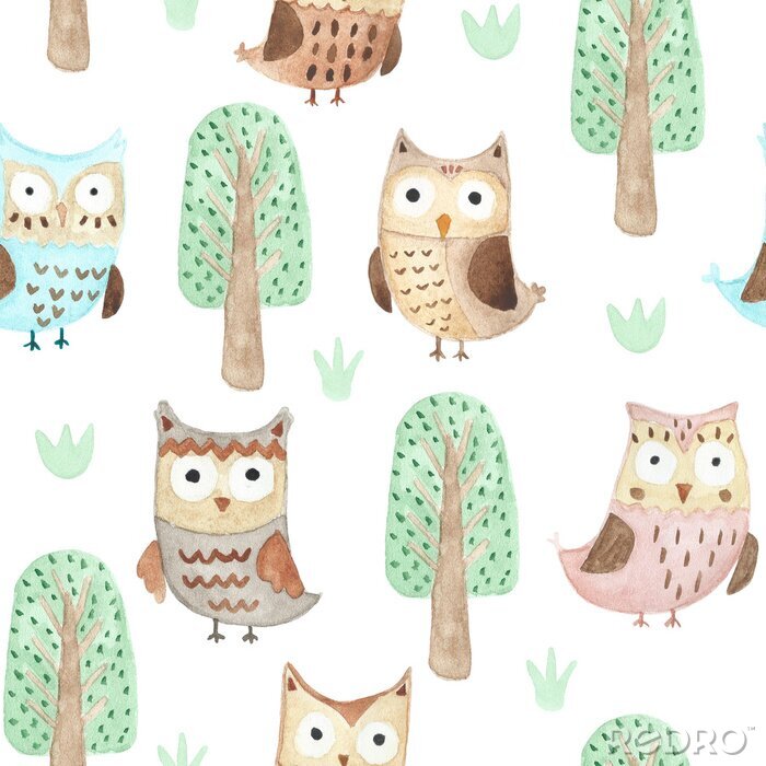 Poster Watercolor uilen in de bossen naadloze patroon