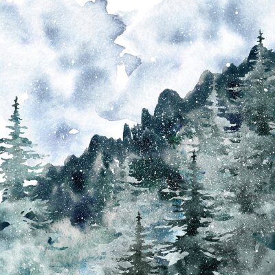 Poster Watercolor winter misty forest background with hand painted pine and spruce trees. Snowy mountain landscape with fog in neutral grey and dark green colors for Christmas and New Year cards design.