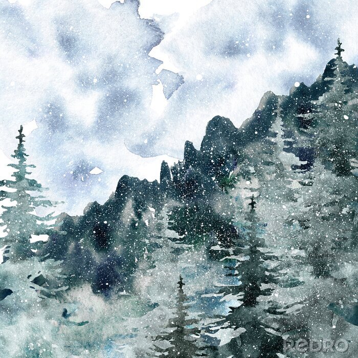 Poster Watercolor winter misty forest background with hand painted pine and spruce trees. Snowy mountain landscape with fog in neutral grey and dark green colors for Christmas and New Year cards design.