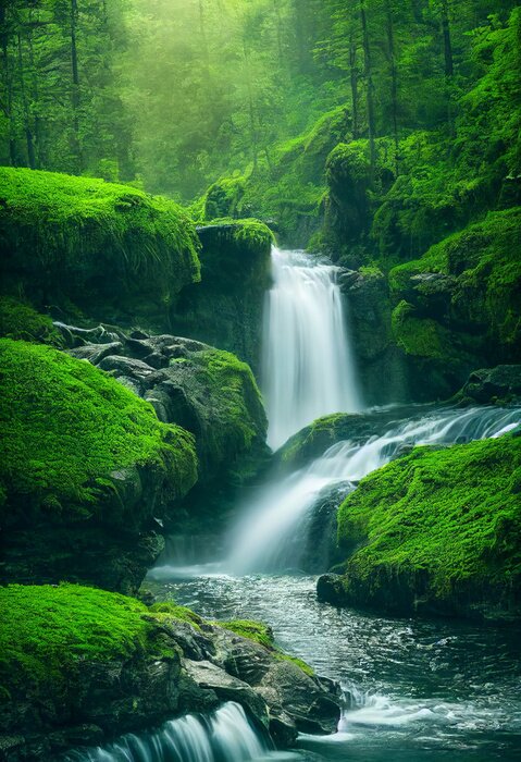 Poster Waterval tussen groene stenen