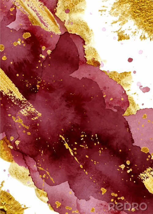 Poster Waterverf abstracte achtergrond, hand getrokken waterverf Bourgondië en gouden textuur