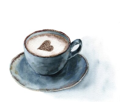 Poster Waterverf het kopje cappuccino met kaneel hart decor. Voedsel illustratie met blauwe kopje koffie op een witte achtergrond. Hand geschilderde druk voor het ontwerp of afdrukken.
