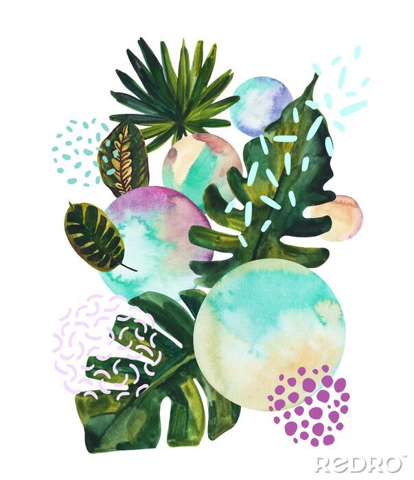 Poster Waterverf tropische bladeren op geometrische achtergrond met waterkleur, krabbeltexturen.