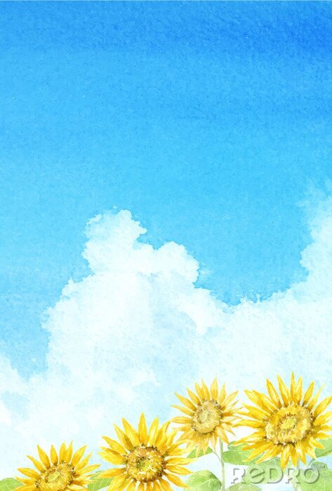 Poster Waterverfzonnebloemen die bij de hemel gluren