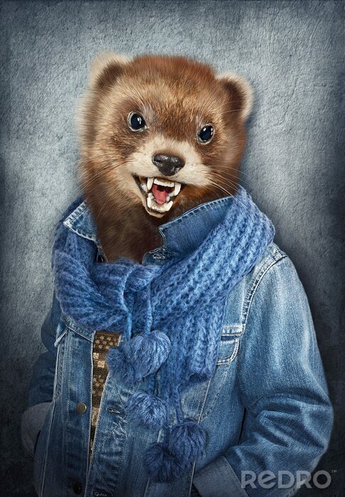 Poster Weasel in clothes. Man with a head of an tiger. Concept graphic in vintage style with soft oil painting style.