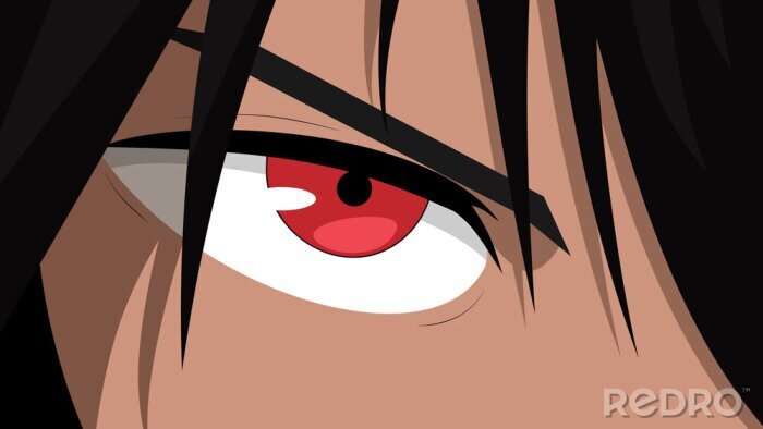 Poster Web banner for anime, manga. Anime face with red eyes from cartoon. Vector illustration