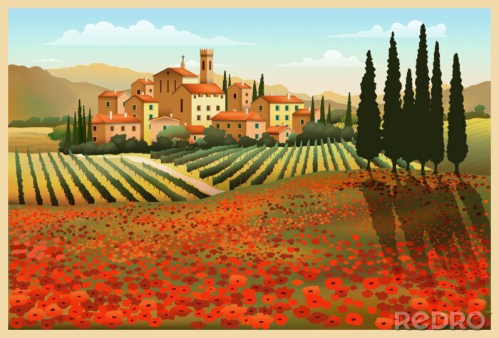 Poster Weergave van de zomer in Toscane