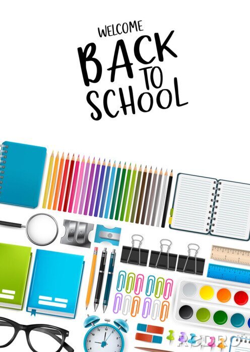 Poster Welcome back to school white poster with bright colorful supplies for education. 3d realistic vector illustration.