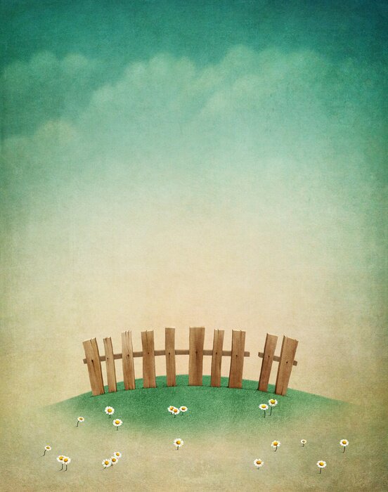 Poster Wenskaart of illustratie van de mooie herfst gazon met hek