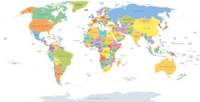 Poster Wereld enkele staten politieke kaart met landsgrenzen. Elk land met een eigen kleur. Illustratie op een witte achtergrond onder Robinson projectie. Engels labeling.