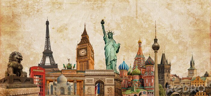 Poster Wereldbeelden foto collage op vintage tes sepia getextureerde achtergrond, reis, toerisme en studie over de wereld concept, vintage briefkaart