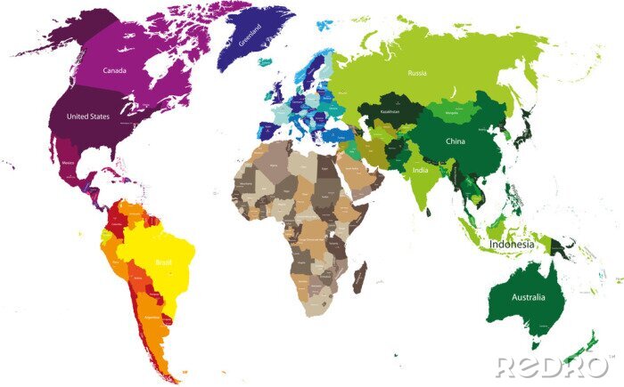 Poster wereldkaart gekleurd door continenten
