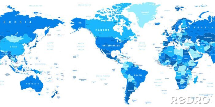 Poster Wereldkaart in blauwe tinten