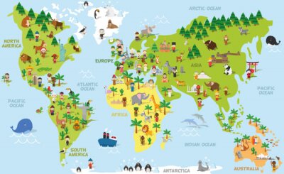 Wereldkaart met dieren die op continenten leven