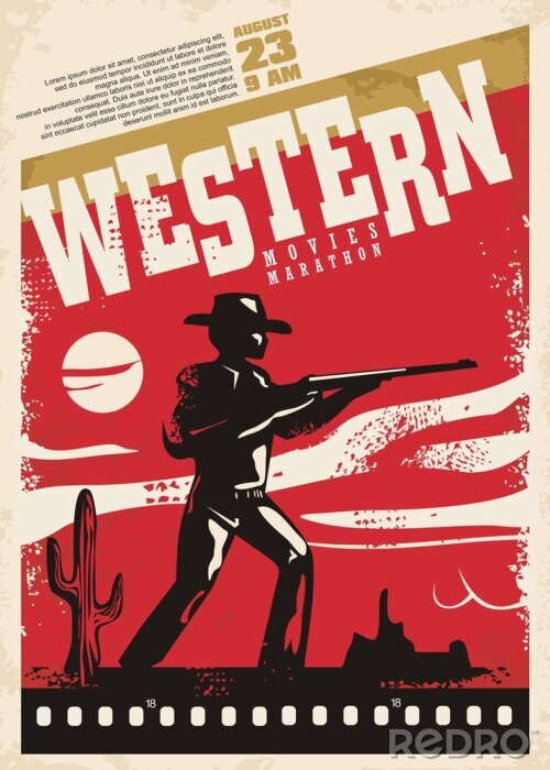Poster Western movies marathon retro poster design layout. Cinema festival. Vintage film poster template with cowboy and wild west landscape.
