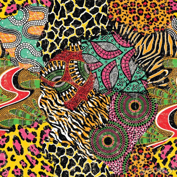 Poster Wild animal skins and traditional african fabric patchwork wallpaper abstract vector seamless pattern