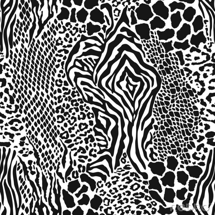 Poster Wild animal skins patchwork camouflage wallpaper black and white fur abstract vector seamless pattern