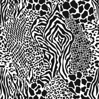 Behang Wild animal skins patchwork camouflage wallpaper black and white fur abstract vector seamless pattern
