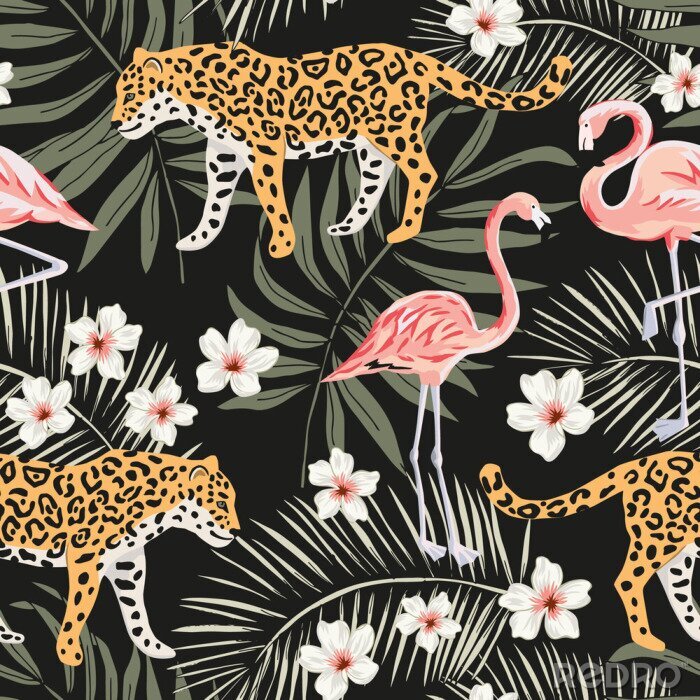 Poster Wilde dieren flamingo's en bloemen