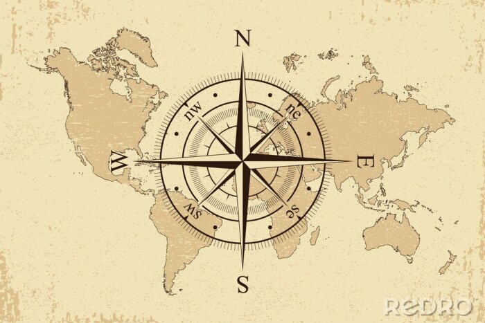 Poster Windroos op de achtergrond van de wereldkaart