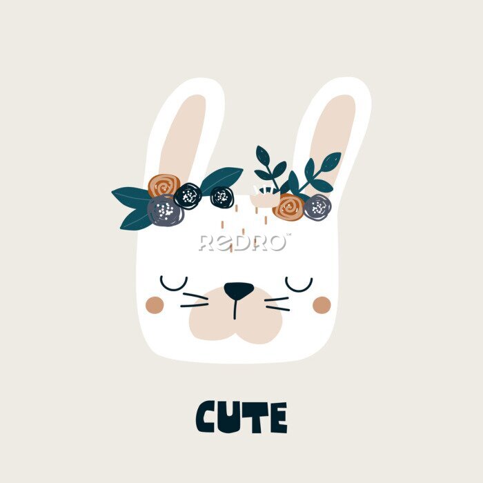 Poster Wit konijn met bloemenslinger