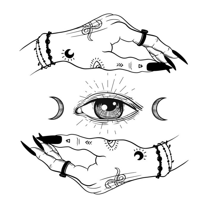 Poster Witch hands with black nails, rings holding moon and eye, Magic. Boho style.