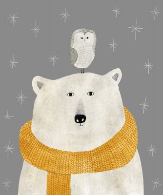 Poster Witte beer met een uil op zijn kop