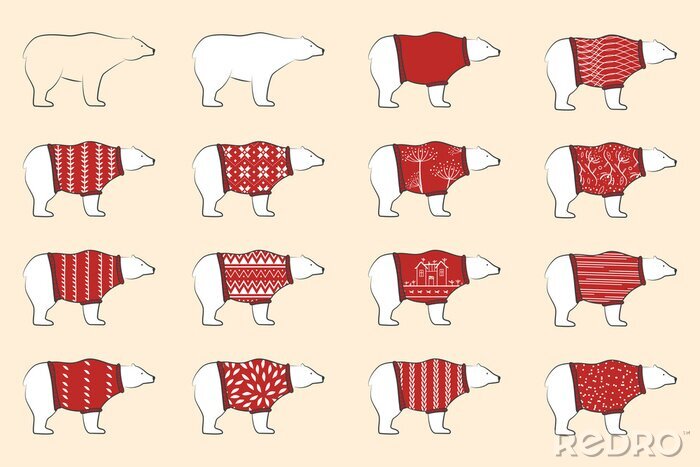 Poster Witte beren dragen wolrode pollovers. IJsberen ingesteld. Noordse beren in decoratieve warme truien. Scandinavisch ontwerp.