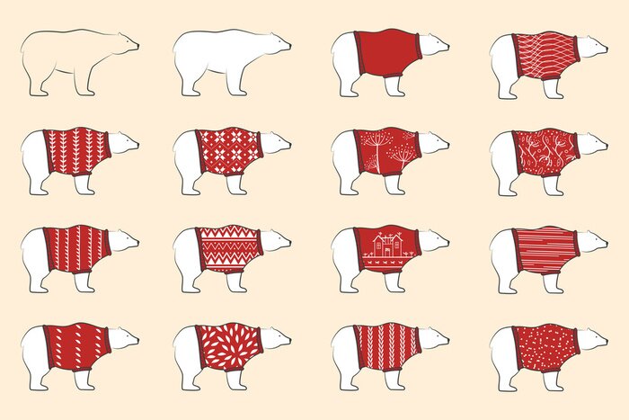 Poster Witte beren dragen wolrode pollovers. IJsberen ingesteld. Noordse beren in decoratieve warme truien. Scandinavisch ontwerp.