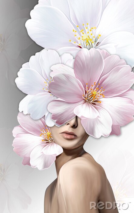 Poster Witte en roze bloemen die het gezicht van een vrouw bedekken