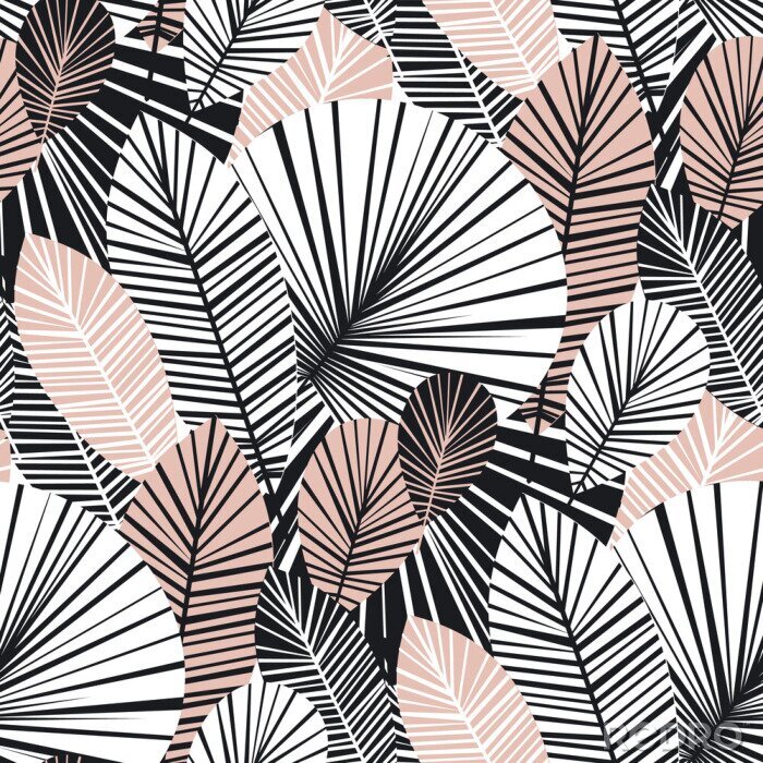 Poster Witte en roze grafische exotische bladeren