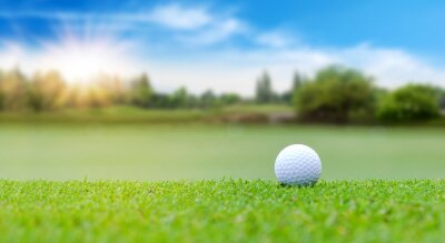 Witte Golfbal op groene cursus die op vaag mooi landschap van golfcursus in heldere dagtijd met exemplaarruimte moet worden geschoten. Sport, Recreatie, Ontspan in vakantieconcept