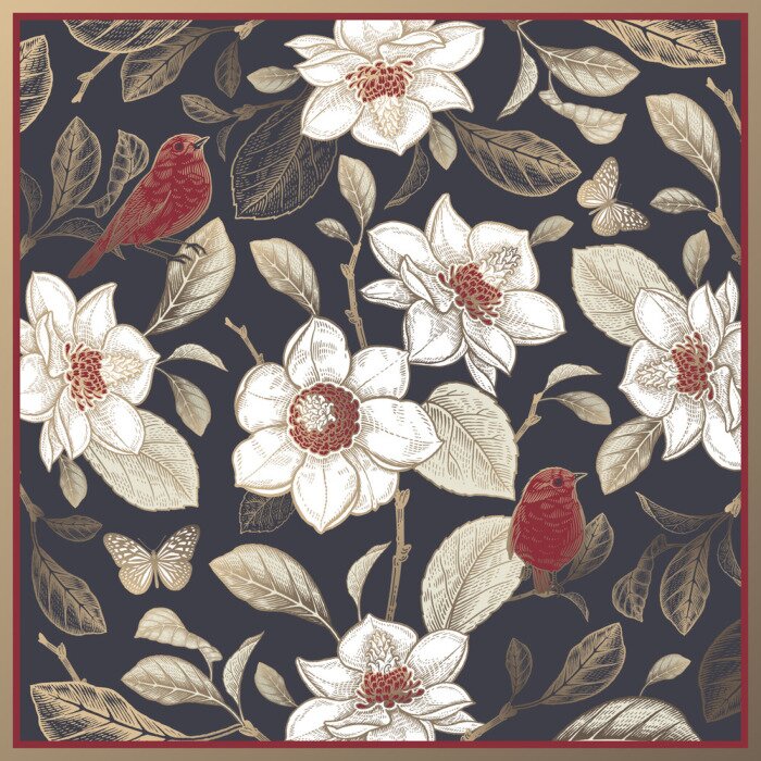 Poster Witte magnolia en rode vogels op de bladeren