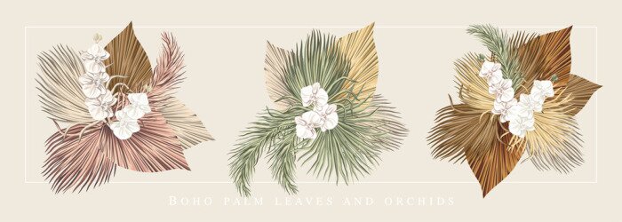 Poster Witte orchidee en beige bladeren