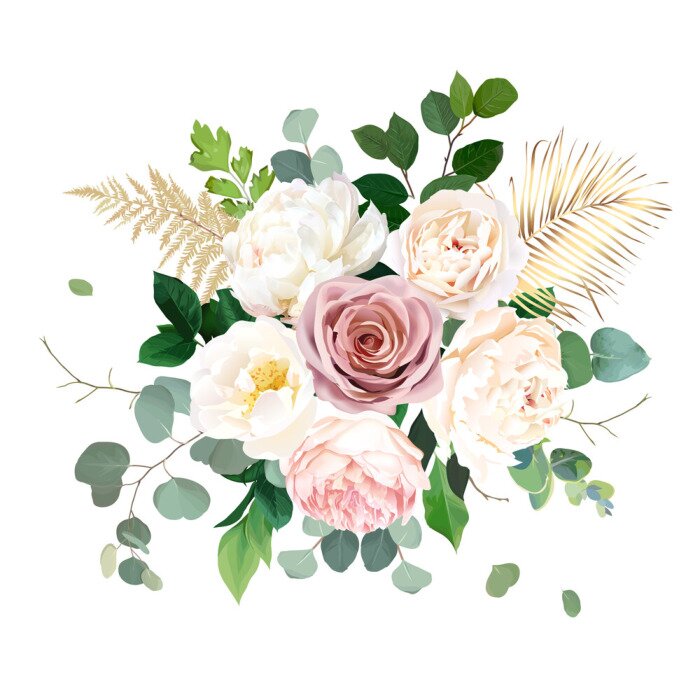 Poster Witte rozen en roze versierd met takjes