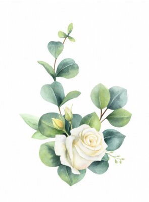 Poster Witte rozen met schaduwrijke eucalyptusbladeren