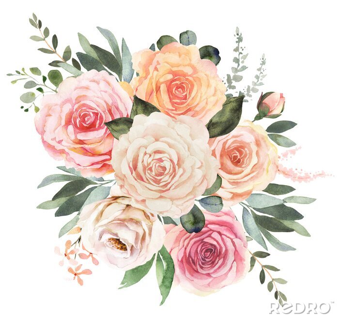 Poster Witte rozen, thee en roze geschilderd met waterverf