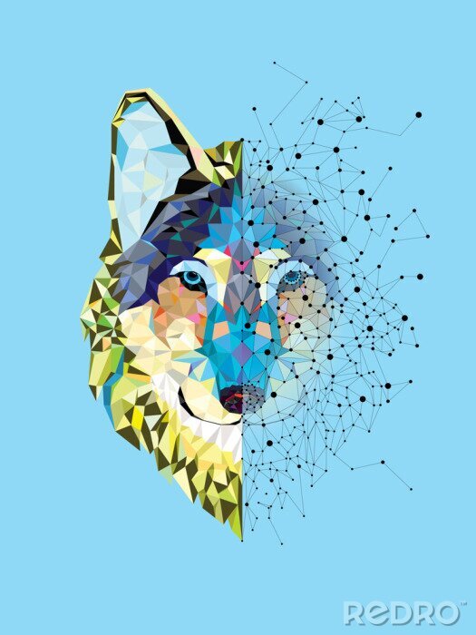 Poster Wolf head in geometric pattern with star line vector