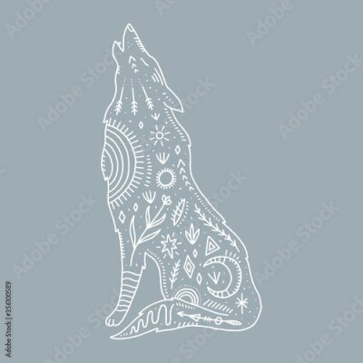 Poster Wolf met boho-ornamenten