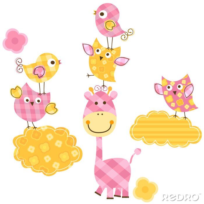 Poster Wolken en giraffen in geel-roze afbeeldingen