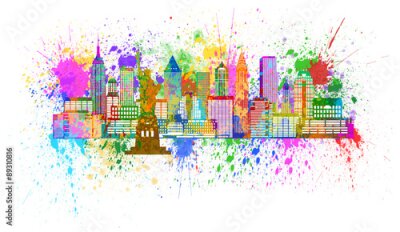 Poster Wolkenkrabbers in New York, beschilderd met kleurrijke verfspatten.