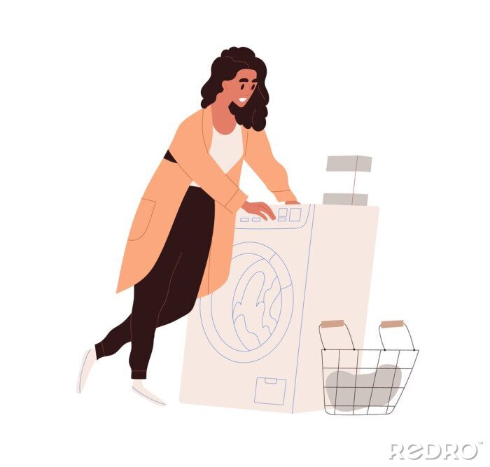 Poster Woman doing laundry in washing machine. Person turning on washer for clothes laundering. Female and housework, lifestyle scene. Flat vector illustration isolated on white background