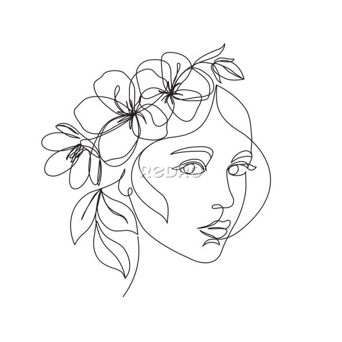 Poster Woman face with flowers one line drawing. Continuous line drawing art. Flower bouquet in woman head single line art. Vector line illustration. Nature cosmetics. Minimalist Black White Drawing Artwork