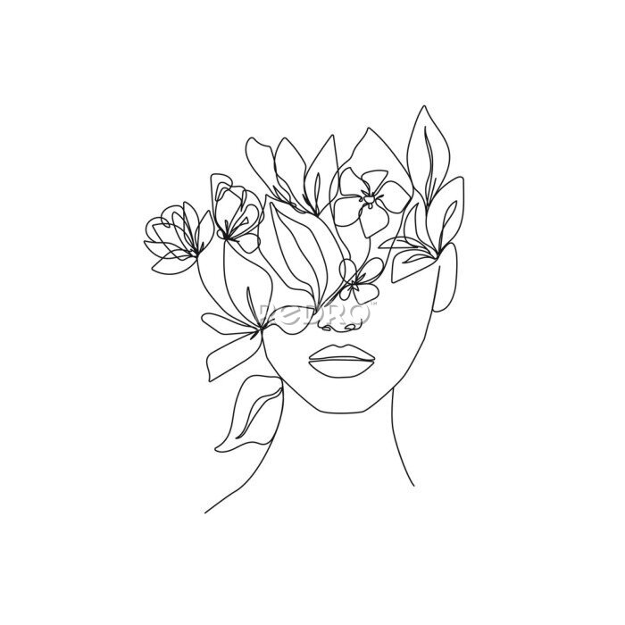 Poster Woman Head with Flowers One Line Drawing. Continuous Line Woman and Flowers. Abstract Contemporary Design Template for Covers, t-Shirt Print, Postcard, Banner etc. Vector EPS 10.